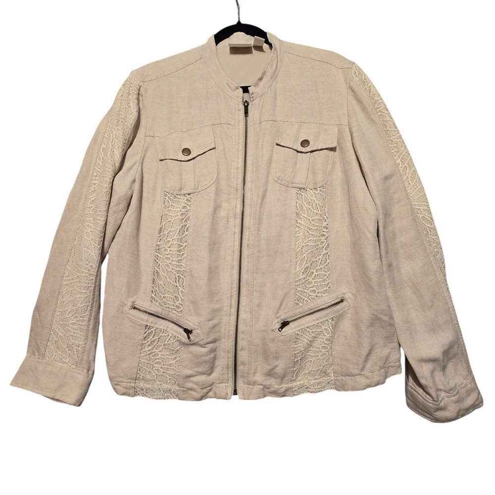 Chicos Womens Linen Lace Military Jacket Sz 3/XL Moto Bomber Beige Neutral Boho